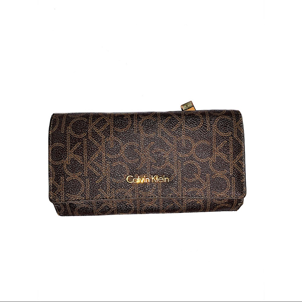 CALVIN KLEIN TRIFOLD BROWN AND TAN LEATHER WALLET